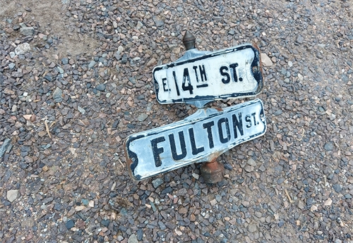 Fulton St & 14th St - Falls City Street Sign