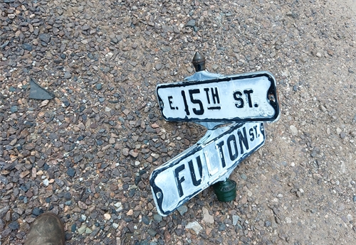 Fulton St & 15th St - Falls City Street Sign